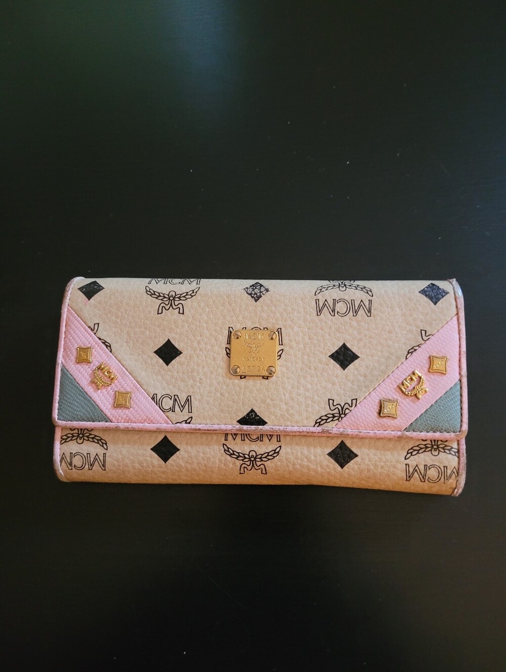 MCM Beige Logo Continental Wallet with Pink Trim